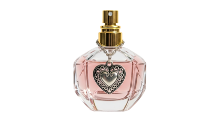 A romantic faceted glass perfume bottle filled with pink liquid, featuring a shiny gold atomizer and an ornate silver heart pendant with a small gem