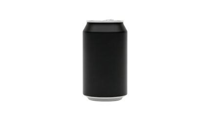A sleek, tall, matte black aluminum beverage can with silver top and bottom rims stands upright in a clean, minimalist product shot