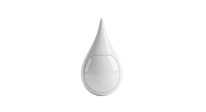 A futuristic white gadget in a minimalist droplet shape, featuring a smooth, glossy surface and a round sensor panel, embodying modern smart home technology and innovation - Powered by Adobe