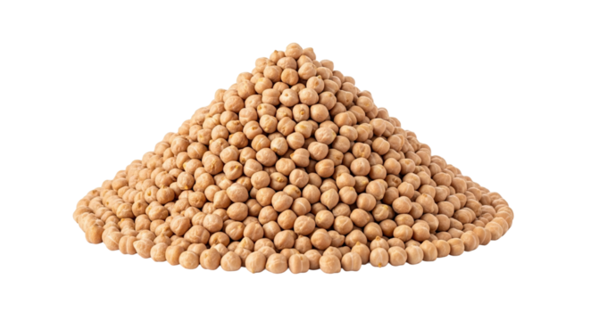 A perfectly formed conical heap of uncooked garbanzo beans, showcasing the detailed texture and natural color of the healthy, protein-rich pulse ingredient