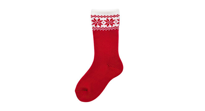 Warm and cozy red knitted winter sock with a white cuff featuring a classic jacquard snowflake pattern, a festive clothing accessory for the holiday season