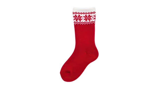 Warm and cozy red knitted winter sock with a white cuff featuring a classic jacquard snowflake pattern, a festive clothing accessory for the holiday season