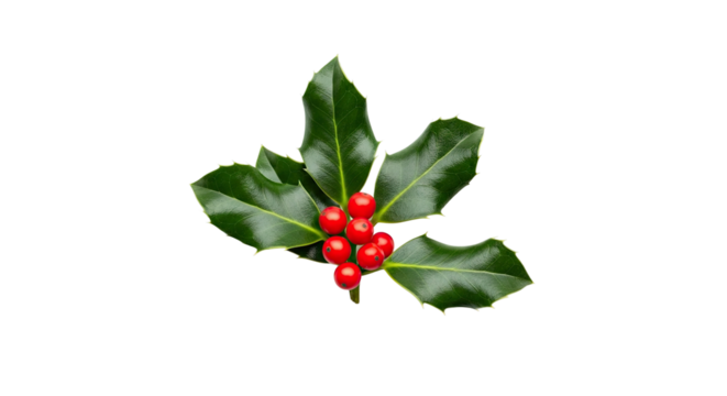 A beautiful sprig of festive holly with glossy green leaves and a central cluster of vibrant red berries, a traditional symbol of the winter holiday season