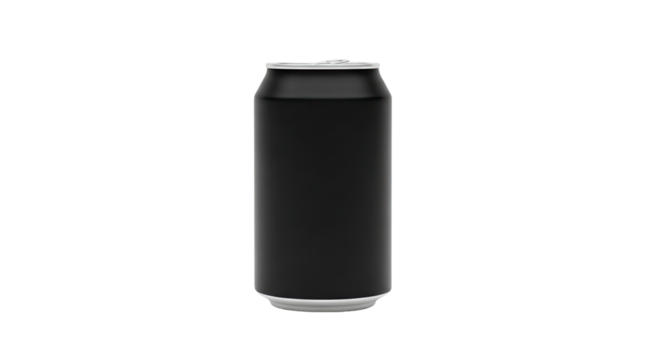 A sleek, tall, matte black aluminum beverage can with silver top and bottom rims stands upright in a clean, minimalist product shot