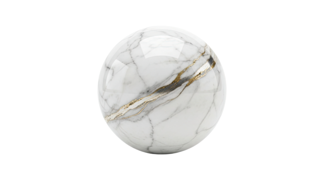 A glossy white marble sphere with elegant grey and glittering gold veins, showcasing a luxurious and modern abstract design with a smooth, reflective surface