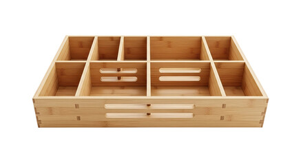 An empty expandable bamboo drawer organizer with multiple adjustable compartments for kitchen cutlery or office supplies, shown from a high-angle perspective with clean lighting