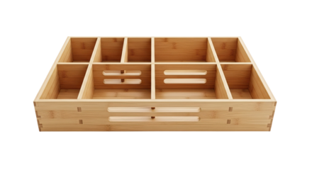 An empty expandable bamboo drawer organizer with multiple adjustable compartments for kitchen cutlery or office supplies, shown from a high-angle perspective with clean lighting