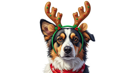 A cute tricolor herding dog looks at the camera while wearing a festive holiday headband with reindeer antlers and a red bandana with a snowflake pattern