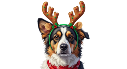 A cute tricolor herding dog looks at the camera while wearing a festive holiday headband with reindeer antlers and a red bandana with a snowflake pattern