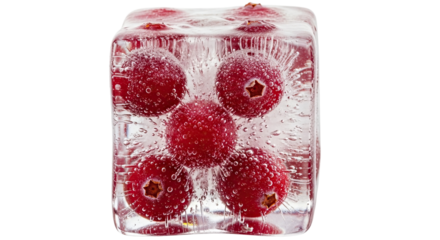 Vibrant red cranberries are perfectly suspended inside a crystal clear ice cube, with tiny air bubbles clinging to the fruit creating a beautiful, refreshing and frosty composition