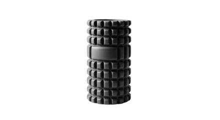 A textured black foam roller for myofascial release and deep tissue massage stands upright, its grid pattern highlighted by dramatic, low-key studio lighting