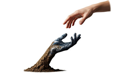 Obraz premium A human hand reaches out to help a hand textured like planet Earth emerging from the soil, symbolizing environmental protection, climate change awareness, and global unity