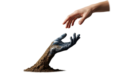 A human hand reaches out to help a hand textured like planet Earth emerging from the soil, symbolizing environmental protection, climate change awareness, and global unity