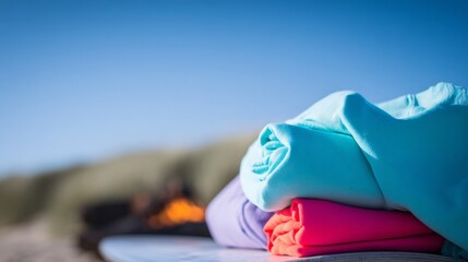 rashguard. A colorful rolled-up rashguard resting on a surfboard at the beach. event key visuals, club posters, designed for fitness apps and gym onboarding, drives event promotion.
