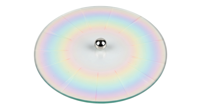 A round, flat glass object with a central silver knob showcases a holographic effect with a full spectrum of pastel rainbow colors arranged in a radial pattern from a top-down view - Powered by Adobe