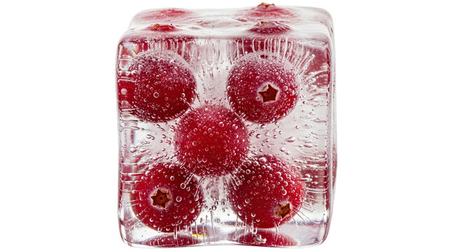 Vibrant red cranberries are perfectly suspended inside a crystal clear ice cube, with tiny air bubbles clinging to the fruit creating a beautiful, refreshing and frosty composition - Powered by Adobe