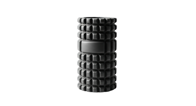 A textured black foam roller for myofascial release and deep tissue massage stands upright, its grid pattern highlighted by dramatic, low-key studio lighting