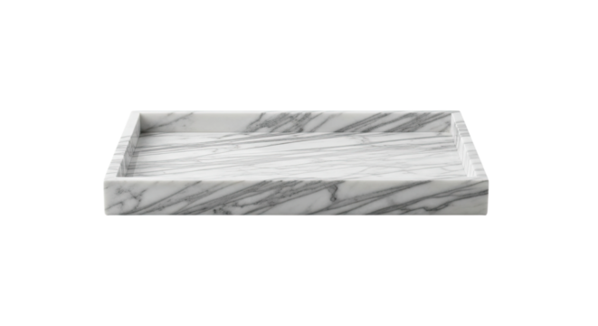 Elegant rectangular tray crafted from natural white marble with distinctive grey veins, presented in a clean, minimalist style from a three-quarter perspective
