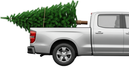 Side profile view of a modern silver pickup truck carrying a large, lush green fir tree in its bed, symbolizing holiday preparation and festive Christmas traditions