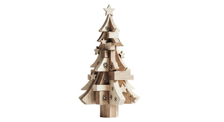A minimalist wooden Christmas tree with a star topper and snowflake cutouts, showcasing a modern Scandinavian design and natural wood grain in a festive, handcrafted style