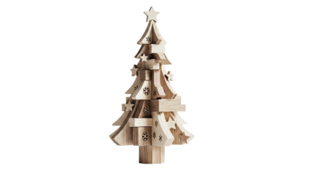A minimalist wooden Christmas tree with a star topper and snowflake cutouts, showcasing a modern Scandinavian design and natural wood grain in a festive, handcrafted style
