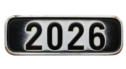 A weathered and scratched old metal sign showing the year 2026, featuring a distressed grunge texture and a vintage, industrial aesthetic in a close-up view