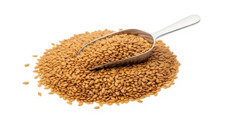 A shiny metal scoop rests in a neat pile of whole golden flax seeds, a detailed close-up of the raw, organic superfood ingredient used for healthy eating and nutrition