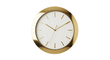 A luxurious and elegant round wall clock with a minimalist white face, golden hands, and a shiny gold frame shown at a slight angle with soft, clean lighting