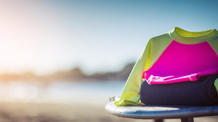 rashguard. A colorful rolled-up rashguard resting on a surfboard at the beach. event key visuals, club posters, designed for fitness apps and gym onboarding, drives event promotion.
