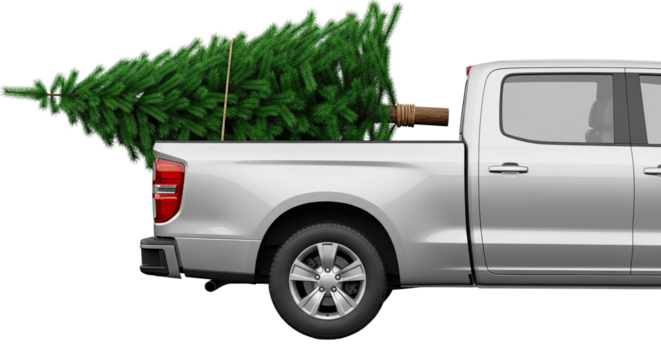 Side profile view of a modern silver pickup truck carrying a large, lush green fir tree in its bed, symbolizing holiday preparation and festive Christmas traditions