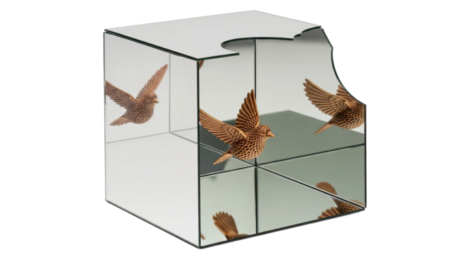 Minimalist conceptual art installation of a carved wooden bird flying inside a mirrored box, creating multiple surreal reflections and an optical illusion of infinity
