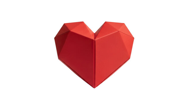 A vibrant red, three-dimensional heart with sharp geometric facets and a minimalist, low-poly style, representing contemporary love, passion, and romantic celebration