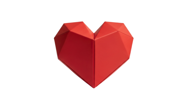 A vibrant red, three-dimensional heart with sharp geometric facets and a minimalist, low-poly style, representing contemporary love, passion, and romantic celebration