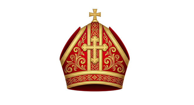A ceremonial red velvet mitre adorned with shiny gold embroidery, filigree patterns, and a large cross, symbolizing faith, leadership, and ecclesiastical power