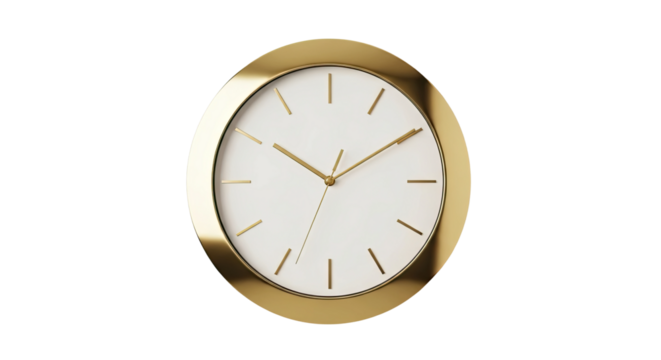 A luxurious and elegant round wall clock with a minimalist white face, golden hands, and a shiny gold frame shown at a slight angle with soft, clean lighting