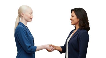 Two diverse professional businesswomen, including a woman with albinism, smile as they shake hands, symbolizing a successful corporate agreement and partnership