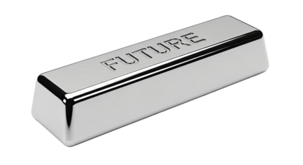 A highly polished silver ingot with the word FUTURE engraved on its surface, a conceptual metaphor for investment, technology, progress, and financial planning