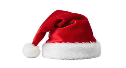 A classic red holiday hat with a fluffy white faux fur trim and a soft pom-pom, symbolizing the festive Christmas season and traditional winter celebrations