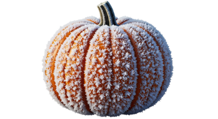 A vibrant orange pumpkin is completely covered in a thick layer of intricate, spiky white hoarfrost, creating a stunning textured pattern of ice crystals on its surface