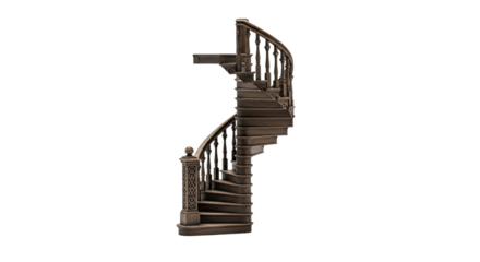 An elegant vintage spiral staircase made of dark carved wood with ornate balusters and a detailed newel post, showcasing classic architectural design and craftsmanship