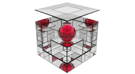 A vibrant red faceted sphere is trapped inside a complex glass cube with infinite mirror reflections, creating a surreal and futuristic visual concept of containment and illusion