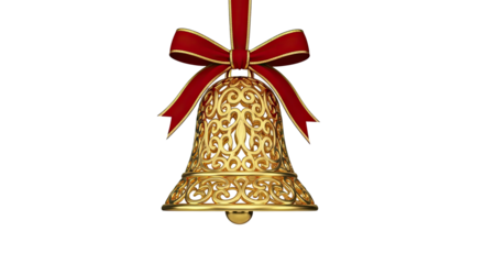 A luxurious and ornate golden holiday bell with intricate filigree scrollwork hangs from a vibrant red satin ribbon tied in an elegant bow with a delicate gold trim