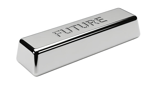 A highly polished silver ingot with the word FUTURE engraved on its surface, a conceptual metaphor for investment, technology, progress, and financial planning