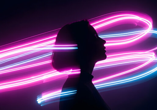 Silhouette profile with neon light trails futuristic concept transparent background