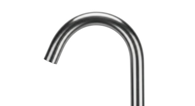 A sleek and elegant curved spout of a modern faucet, featuring a brushed metal texture and a minimalist contemporary design that highlights its smooth, arcing shape