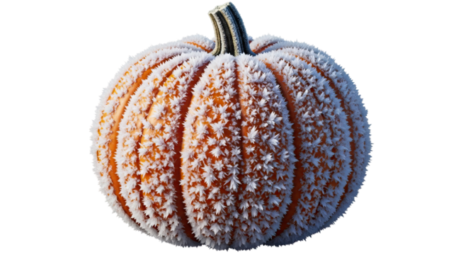 A vibrant orange pumpkin is completely covered in a thick layer of intricate, spiky white hoarfrost, creating a stunning textured pattern of ice crystals on its surface