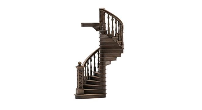An elegant vintage spiral staircase made of dark carved wood with ornate balusters and a detailed newel post, showcasing classic architectural design and craftsmanship