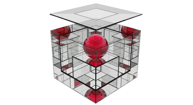 A vibrant red faceted sphere is trapped inside a complex glass cube with infinite mirror reflections, creating a surreal and futuristic visual concept of containment and illusion - Powered by Adobe