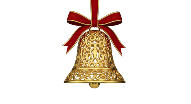 A luxurious and ornate golden holiday bell with intricate filigree scrollwork hangs from a vibrant red satin ribbon tied in an elegant bow with a delicate gold trim