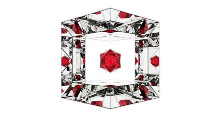 A mesmerizing abstract composition of a vibrant red gemstone suspended inside a hexagonal mirrored chamber creating an infinite kaleidoscopic reflection
